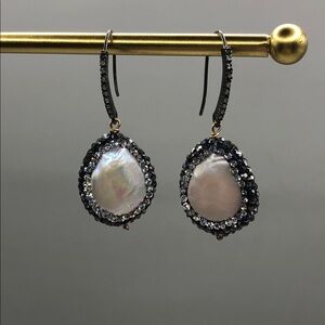 Flat cultured baroque pearls pave crystals sparkling earrings dangle drop dressy
